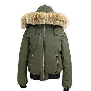 SOIA & KYO Women's Olive Green Black Zip Up Bomber Coat - REAL Fur Trim Hood - L